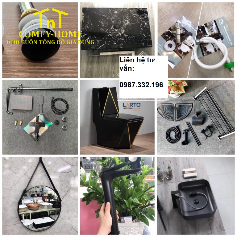 Combo Thiết Bị Vệ Sinh Luxury Black & Gold - Trọn Bộ 9 Món Hiện Đại.