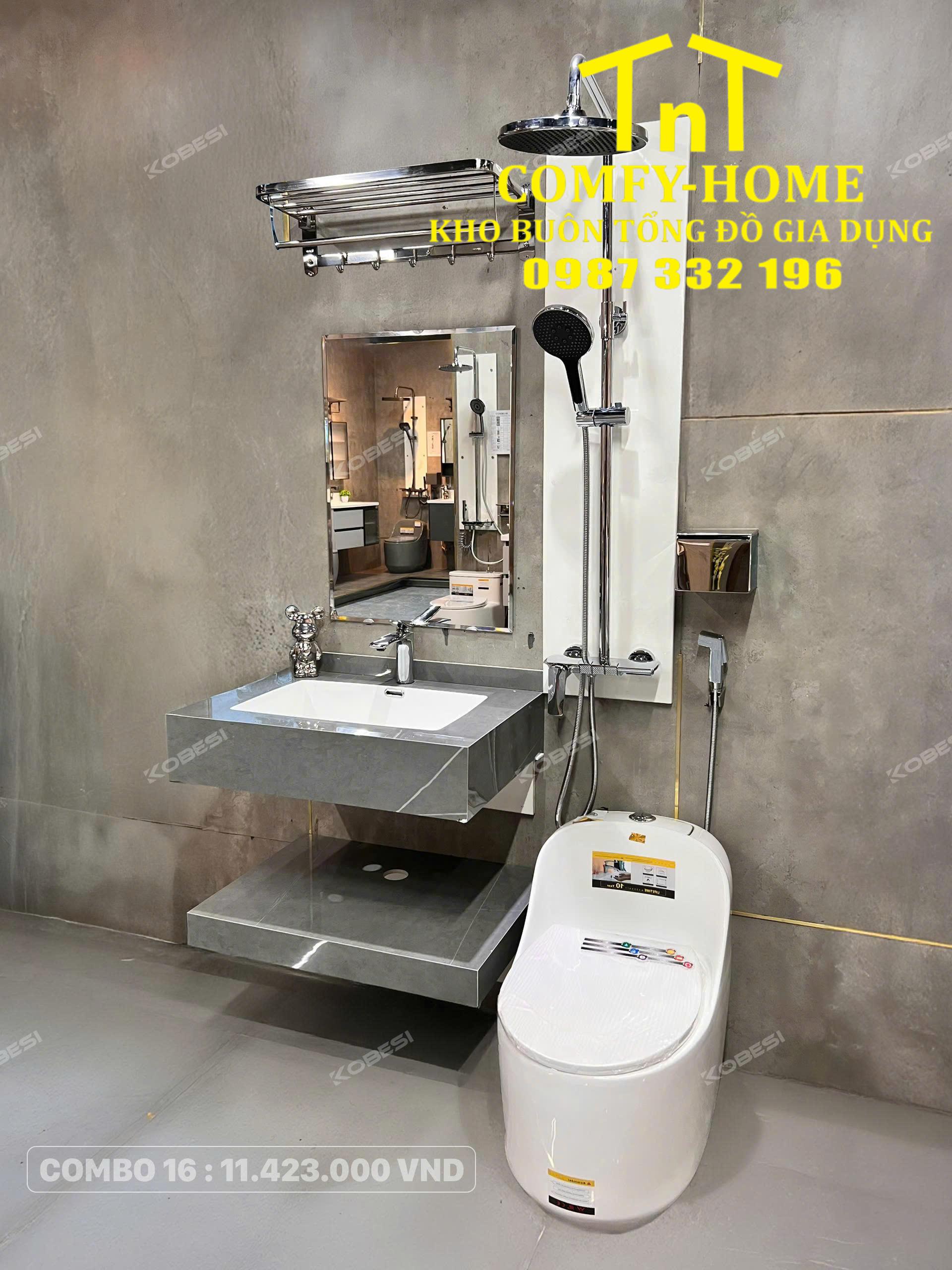 Combo 16 Trọn Bộ Thiết Bị Vệ Sinh Bàn Đá Xám Bóng Cao Cấp Cobesi
